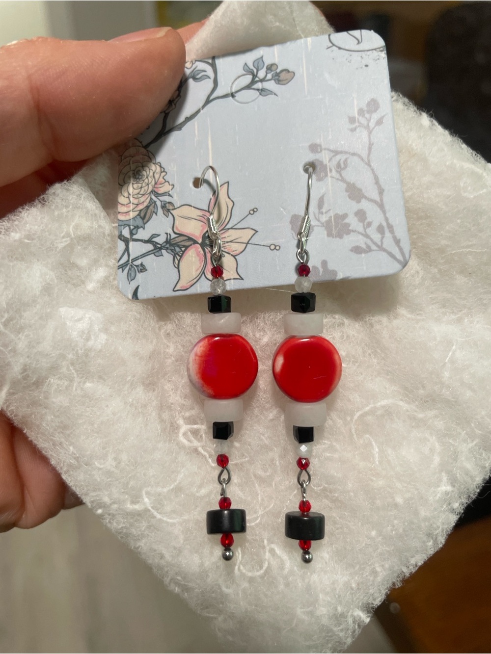 Red and Black Beaded Dangle Earrings by